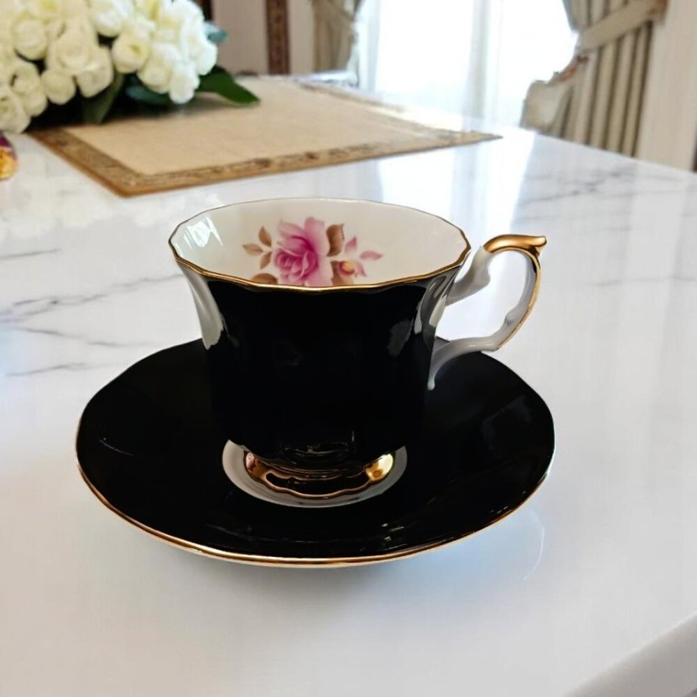 Limited edition Birks Elizabethan Black teacup and saucer EUC